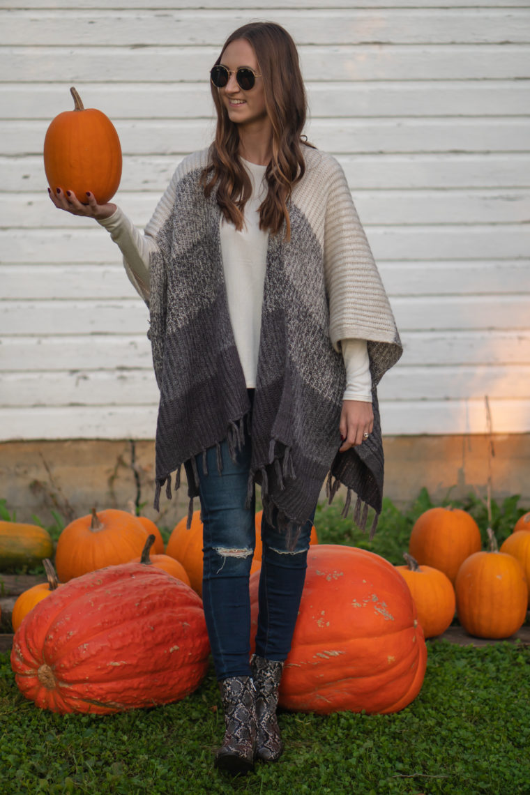 color block kimono, orange pumpkin, fall style