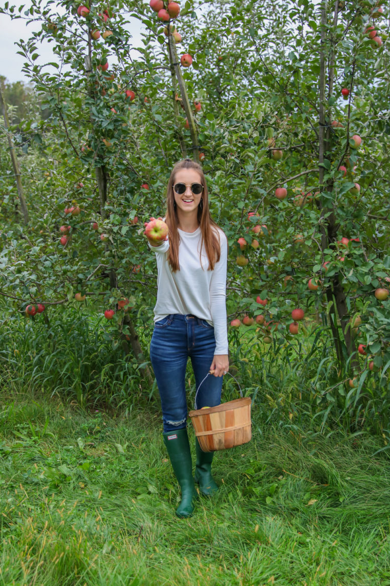apple orchard, Hunter boots, long sleeve top