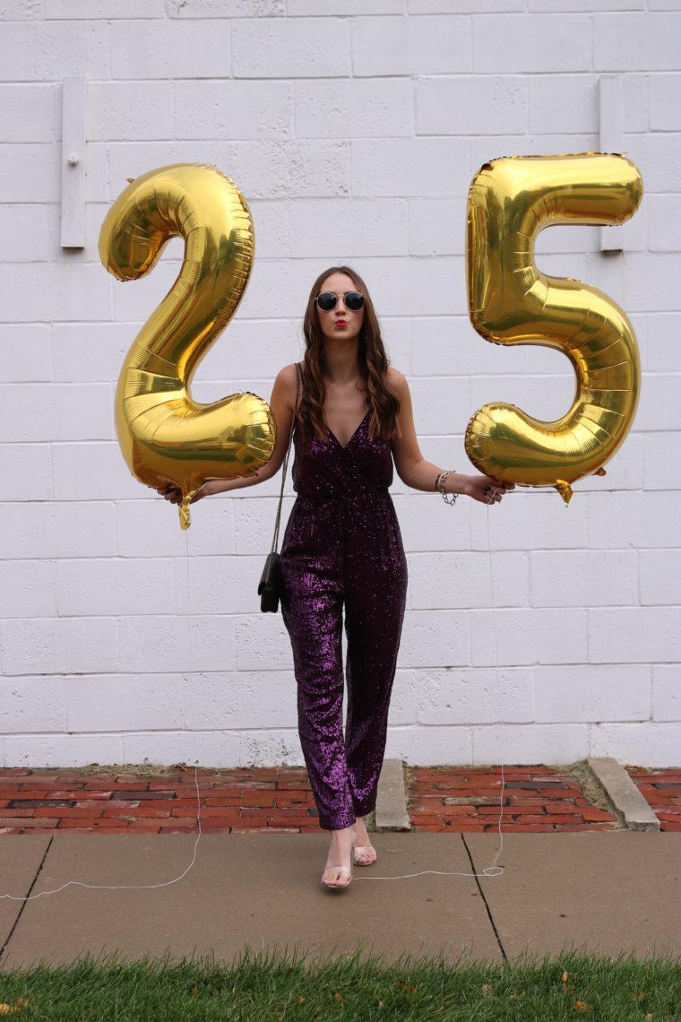 sequin jumpsuit, clear heels, birthday girl