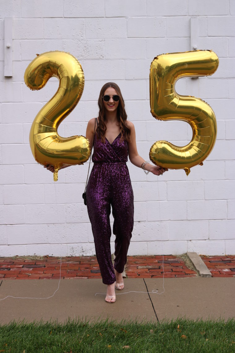 sequin jumpsuit, clear heels, 25th Birthday