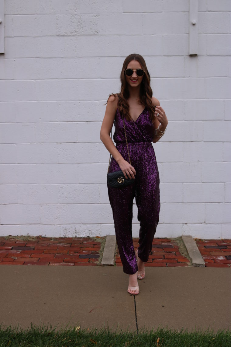 sequin jumpsuit, party outfit, clear heels