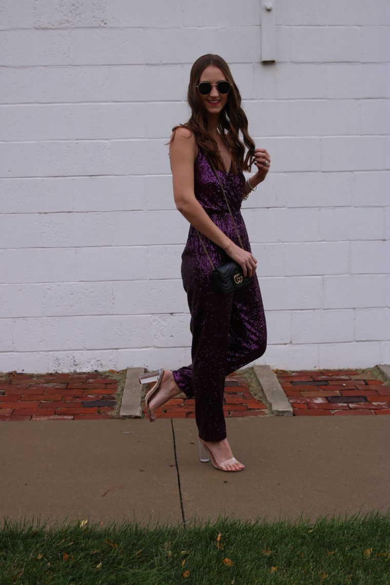 sequin jumpsuit, clear heels, Gucci bag