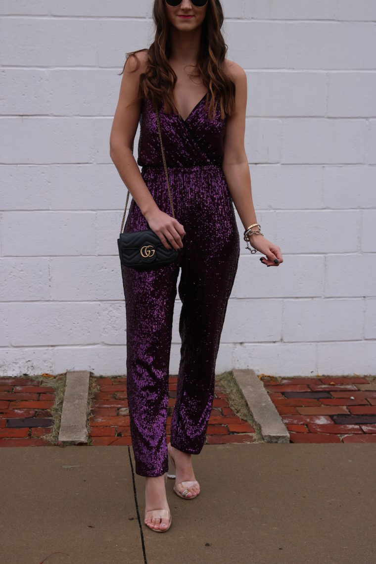 clear heels, sequin jumpsuit, Gucci bag