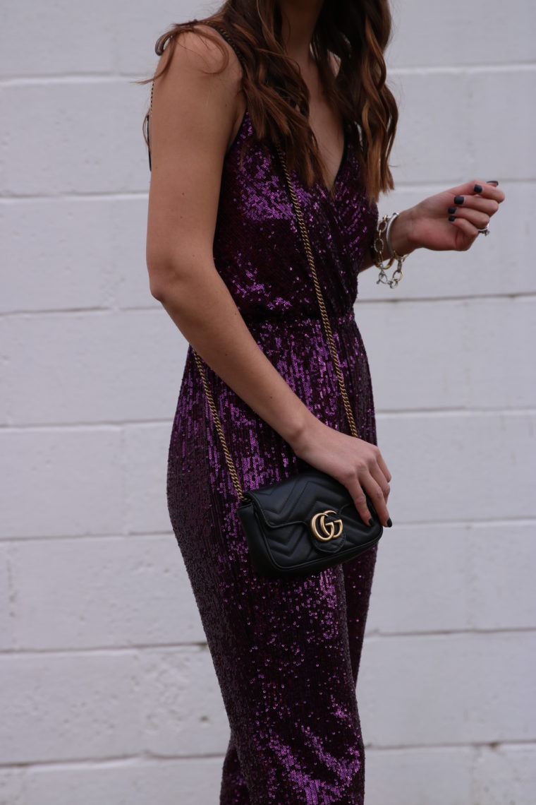 Gucci bag, sequin jumpsuit, party outfit