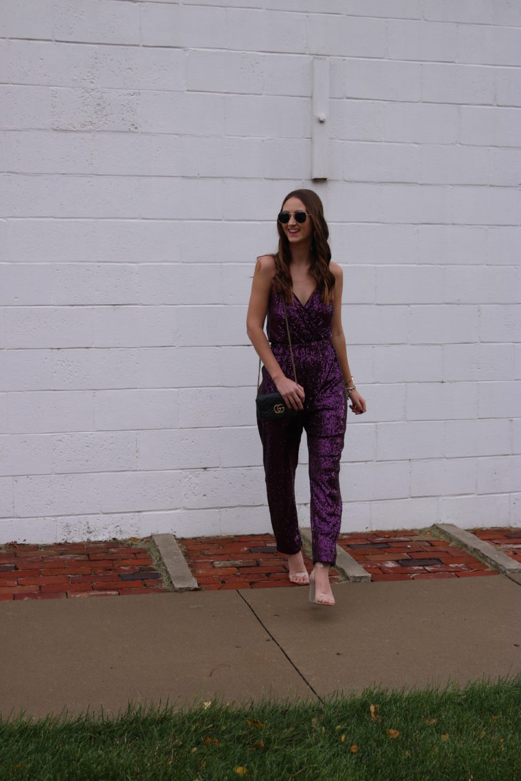 clear heels, sequin jumpsuit, birthday outfit