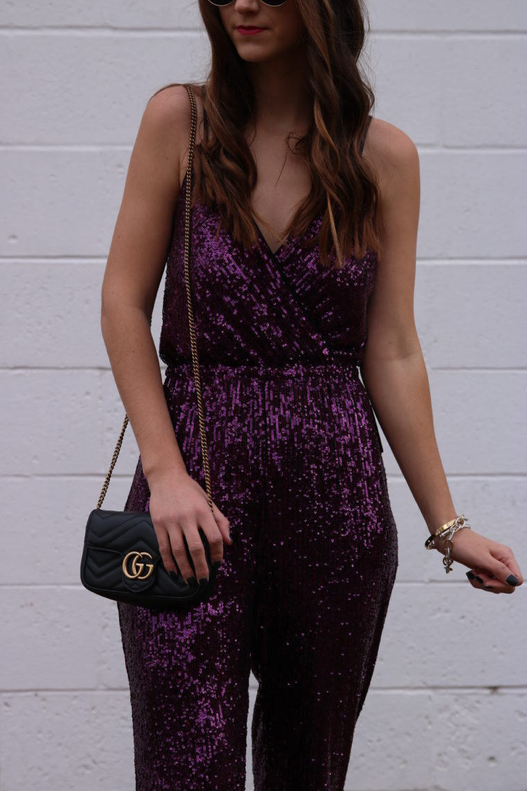 Gucci bag, sequin jumpsuit, birthday outfit