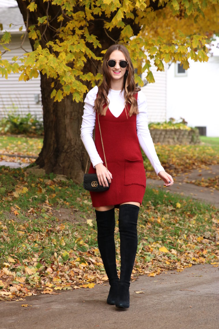 sweater dress, over the knee boots, fall style