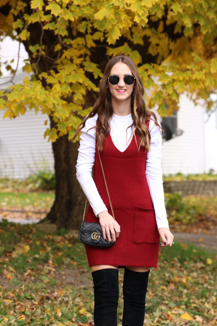 Gucci bag, sweater dress, Amazon dress, fall style