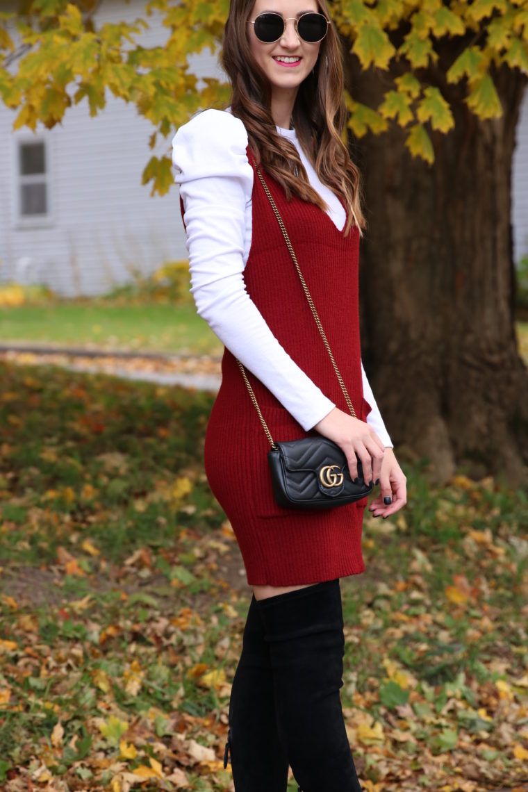 sweater dress, Gucci bag, fall style