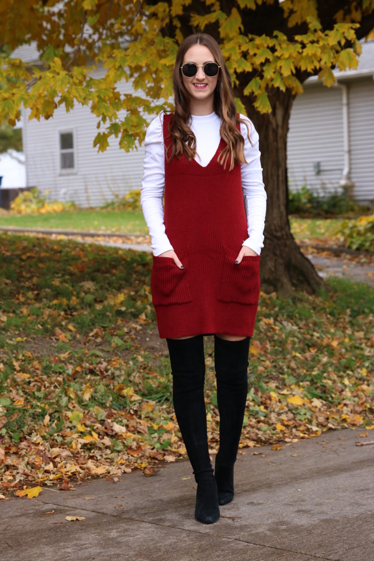 over the knee boots, burgundy dress, fall style
