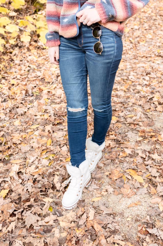 fur boots, white boots, round sunglasses