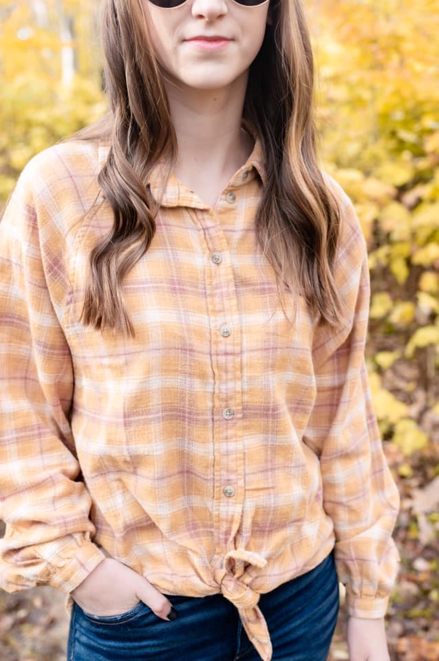 tie front top, plaid top, fall style