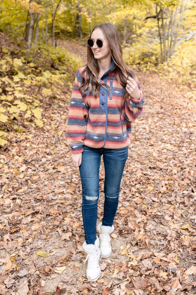 multi printed fleece jacket, fleece jacket, white boots