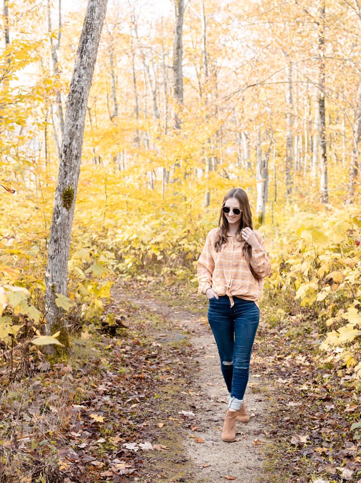 plaid button up shirt, yellow leaves, fall foliage