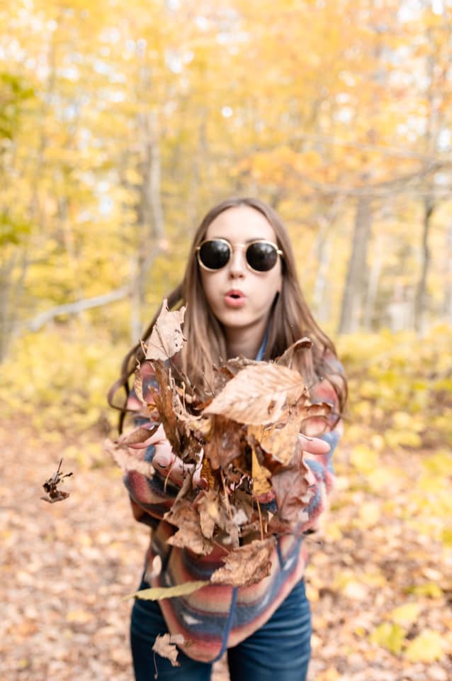 round sunglasses, leaves, fall foliage