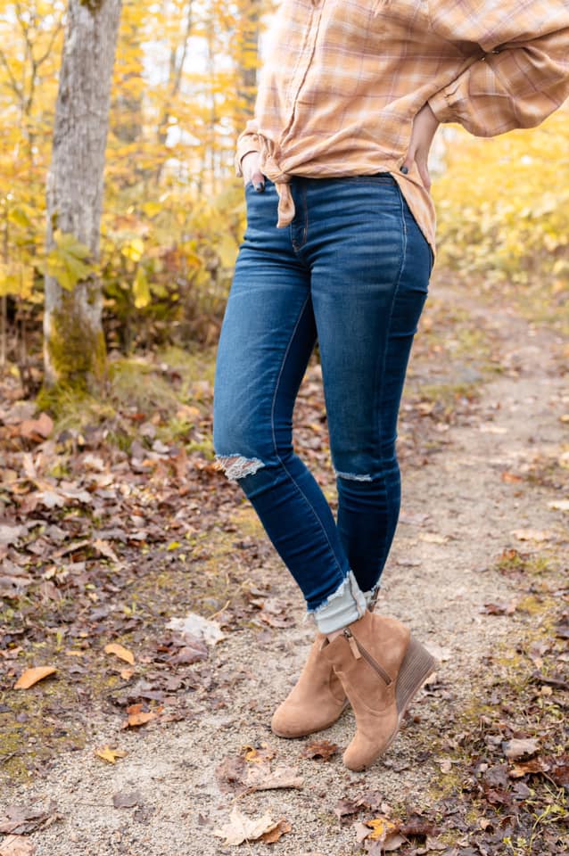 distressed denim, wedge booties, fall style
