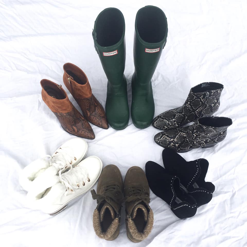 Hunter boots, snakeskin booties, combat boots