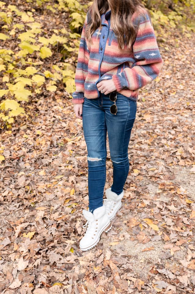 fleece jacket, printed jacket, round sunglasses