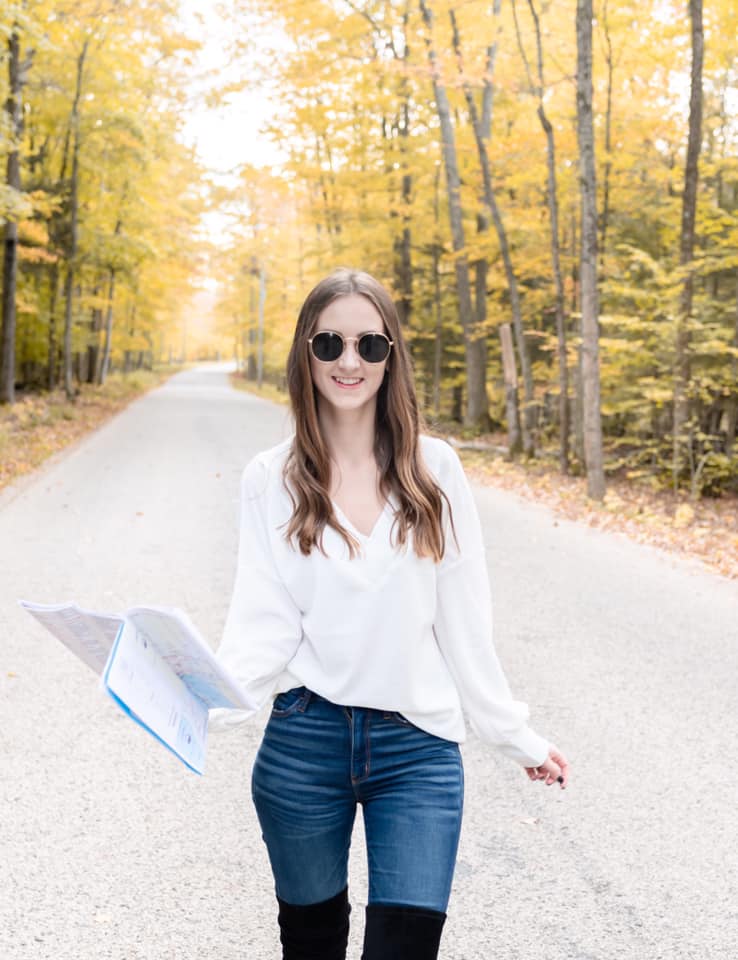 round sunglasses, white sweater, Door County, WI