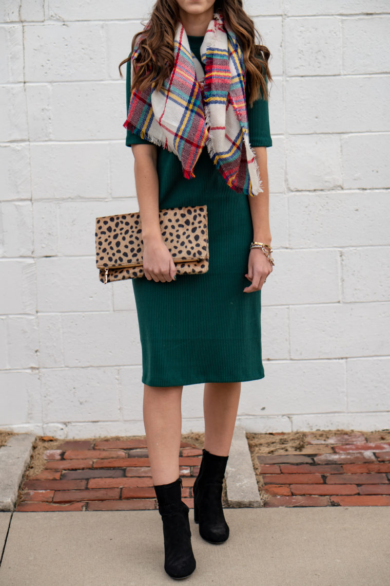 sock booties, plaid scarf, holiday style