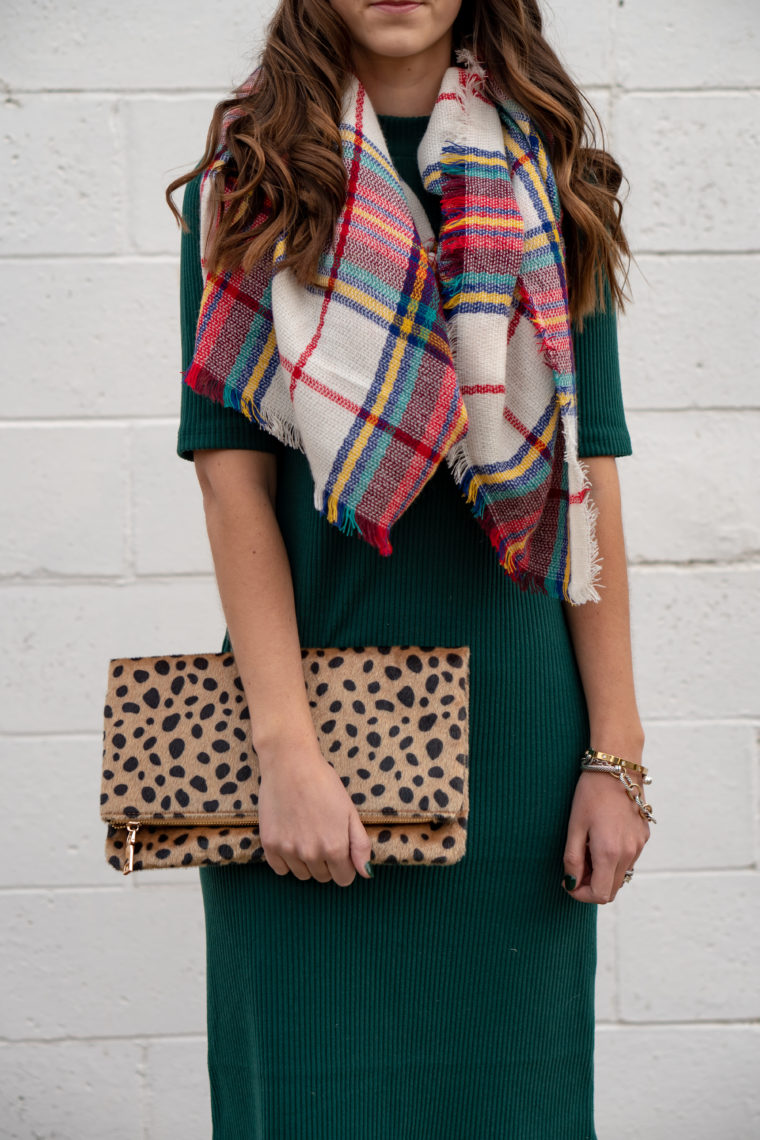 plaid blanket scarf, leopard clutch, jade dress