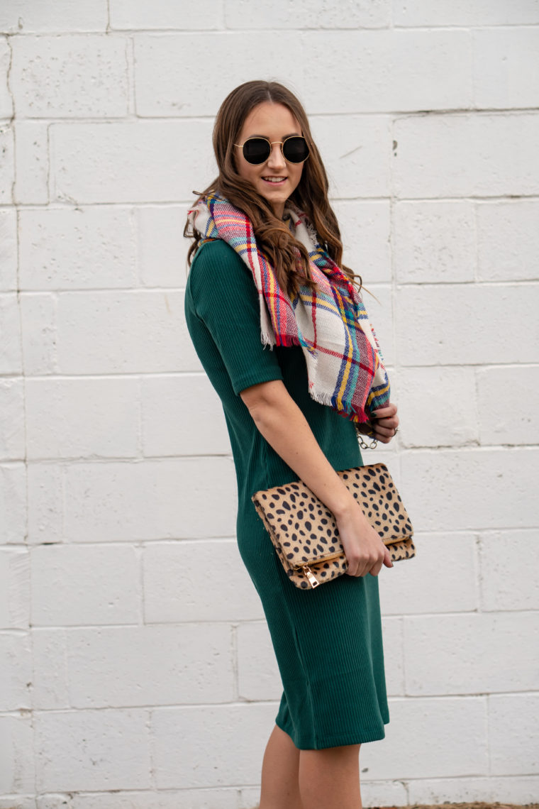 midi dress, leopard clutch, plaid scarf