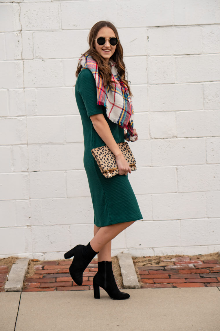 black sock booties, jade midi dress, holiday style