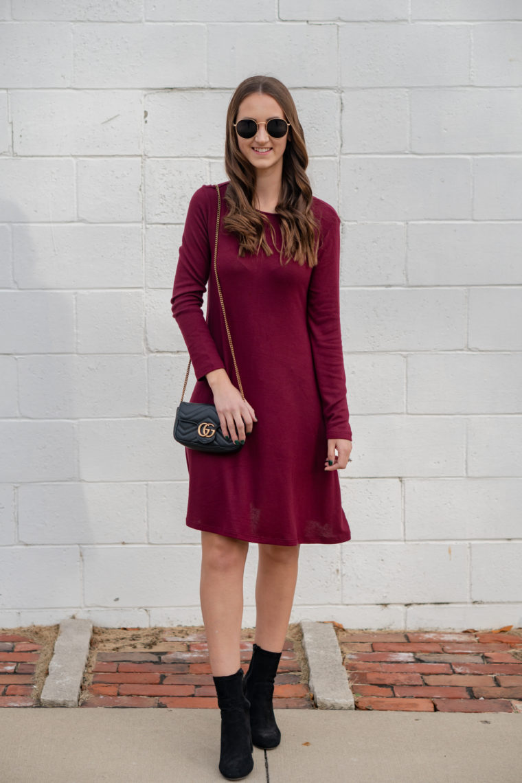 maroon dress, swing dress, sock booties