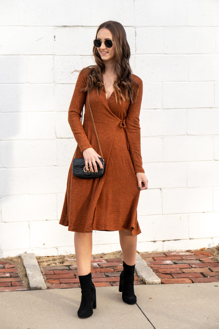 Thanksgiving dress, sock booties, Gucci bag