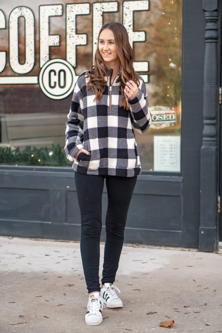 black & white buffalo plaid pullover, sherpa pullover, casual style