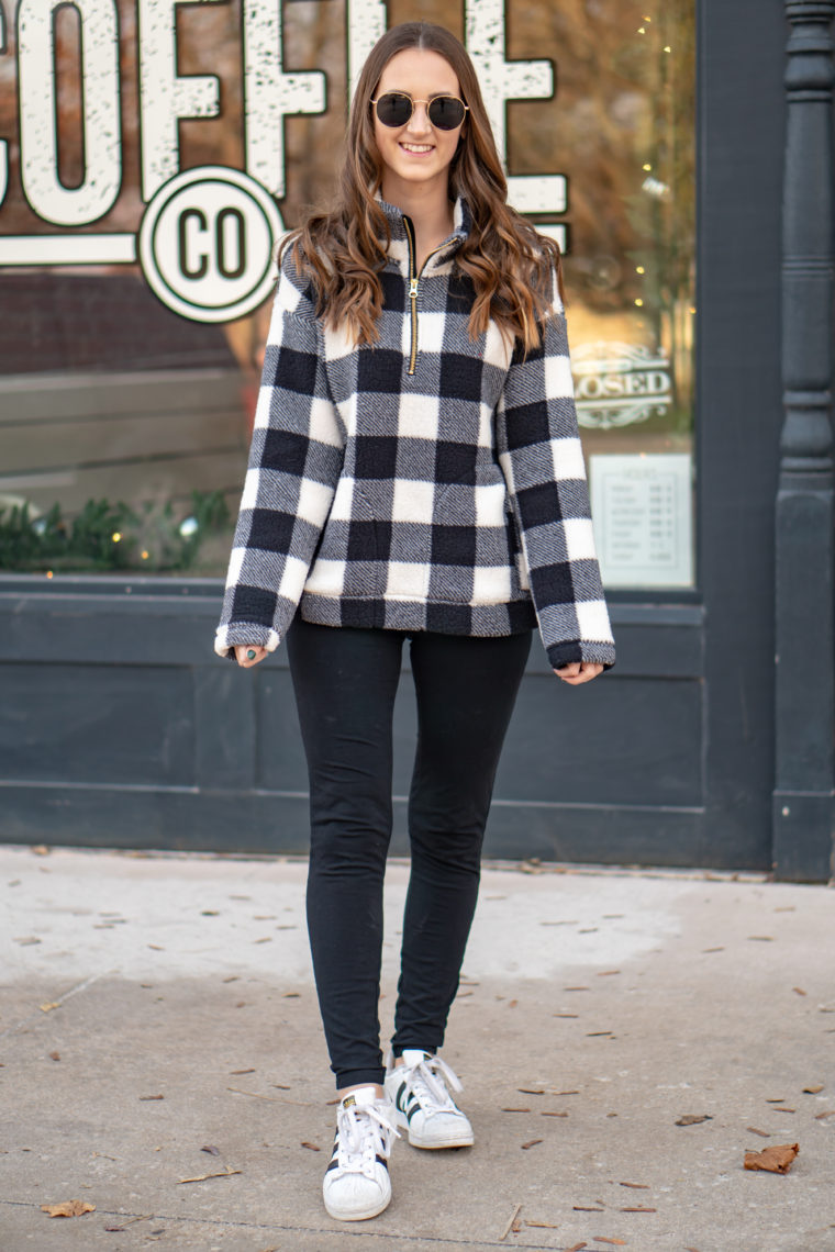 buffalo plaid pullover, sherpa pullover, comfy style