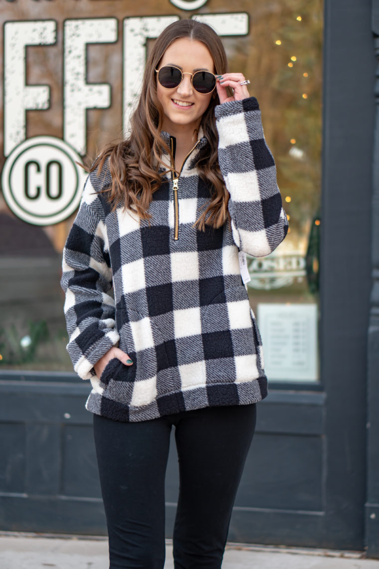 round sunglasses, buffalo plaid pullover, comfy style