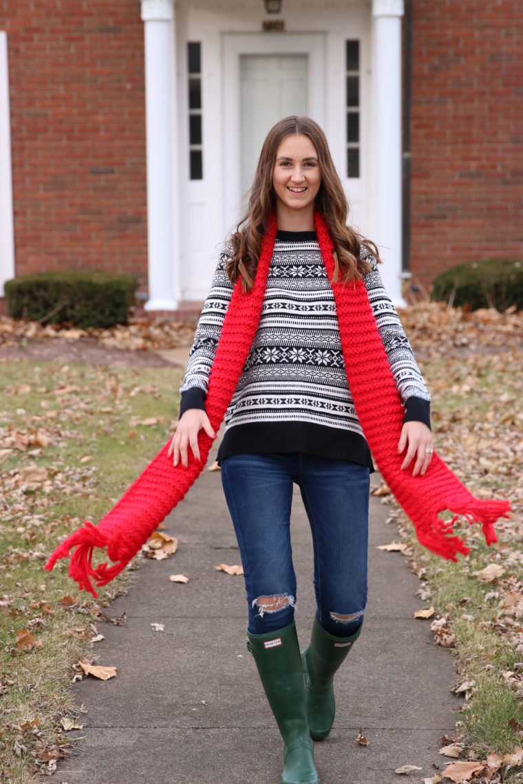 red scarf, snowflake sweater, holiday style