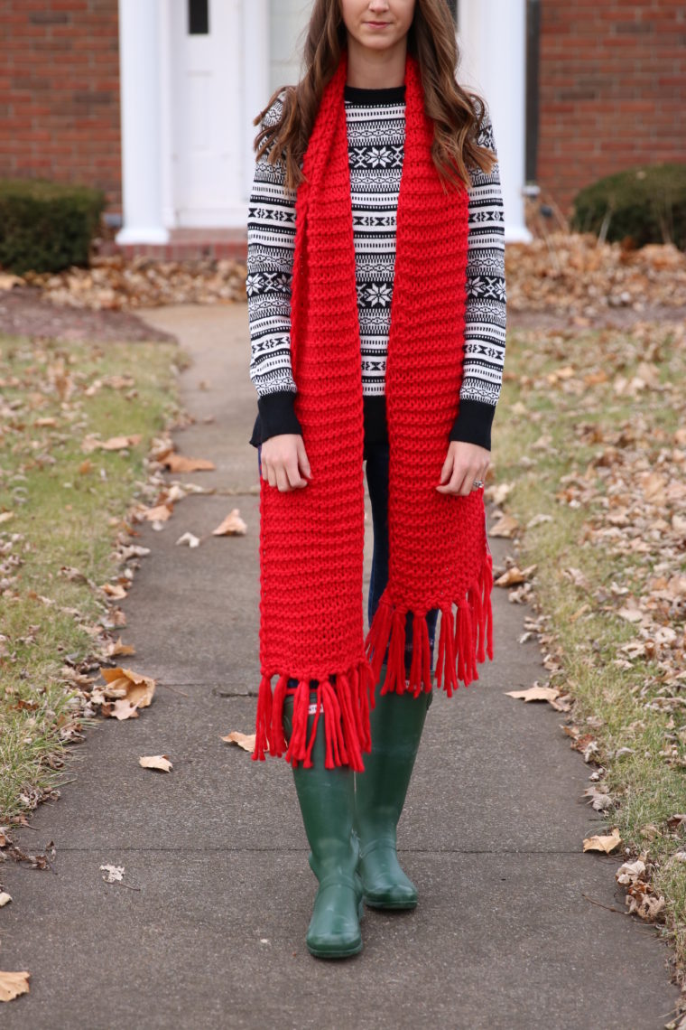 fair isle sweater, holiday sweater, fringe scarf