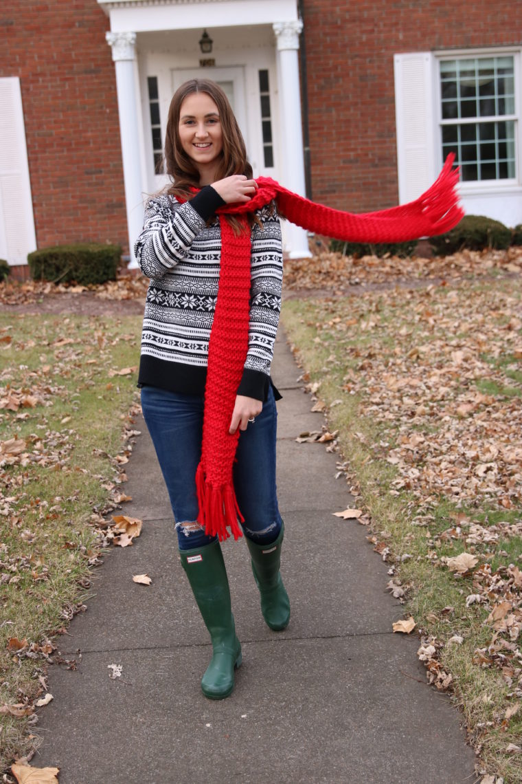 red fringe scarf, holiday scarf, fair isle sweater