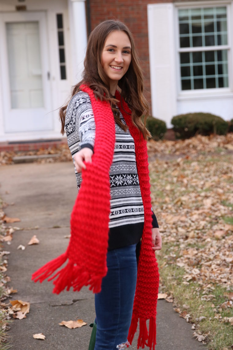 red scarf, holiday style, Christmas sweater