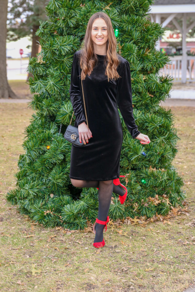bow heels, velvet dress, holiday dress