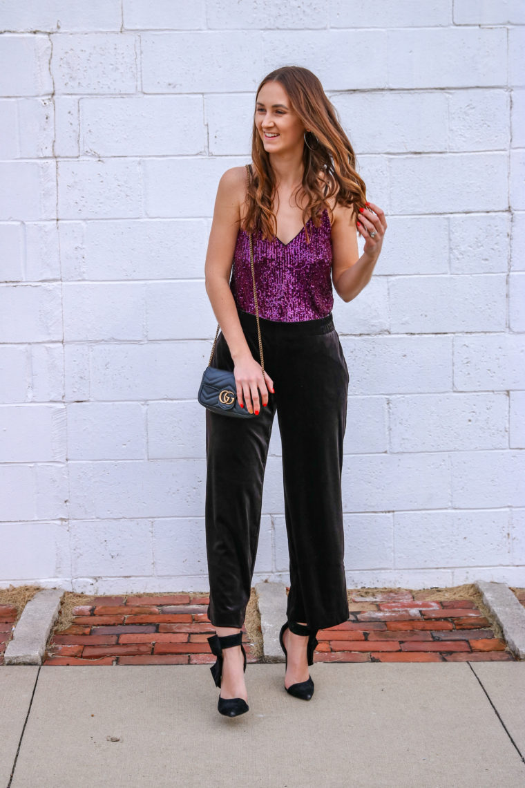 sequin v-neck cami, bow heels, wide leg pants