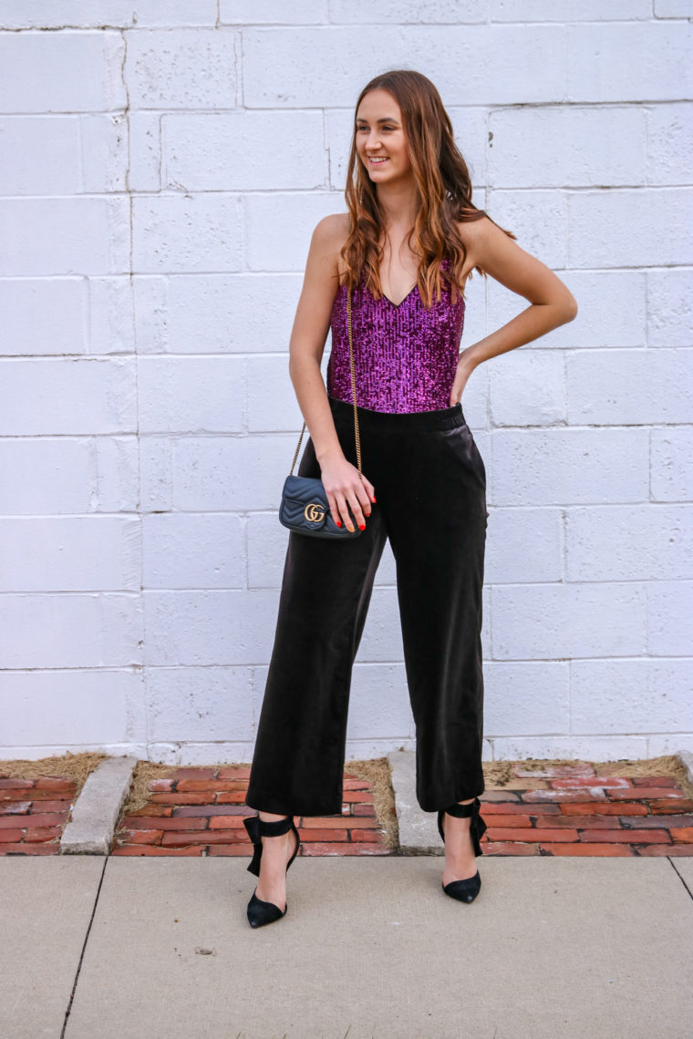 NYE outfit, velvet pants, bow heels