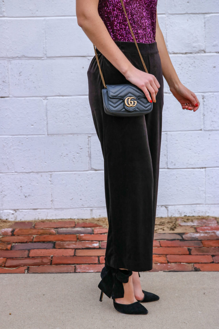 bow heels, Gucci bag, NYE outfit