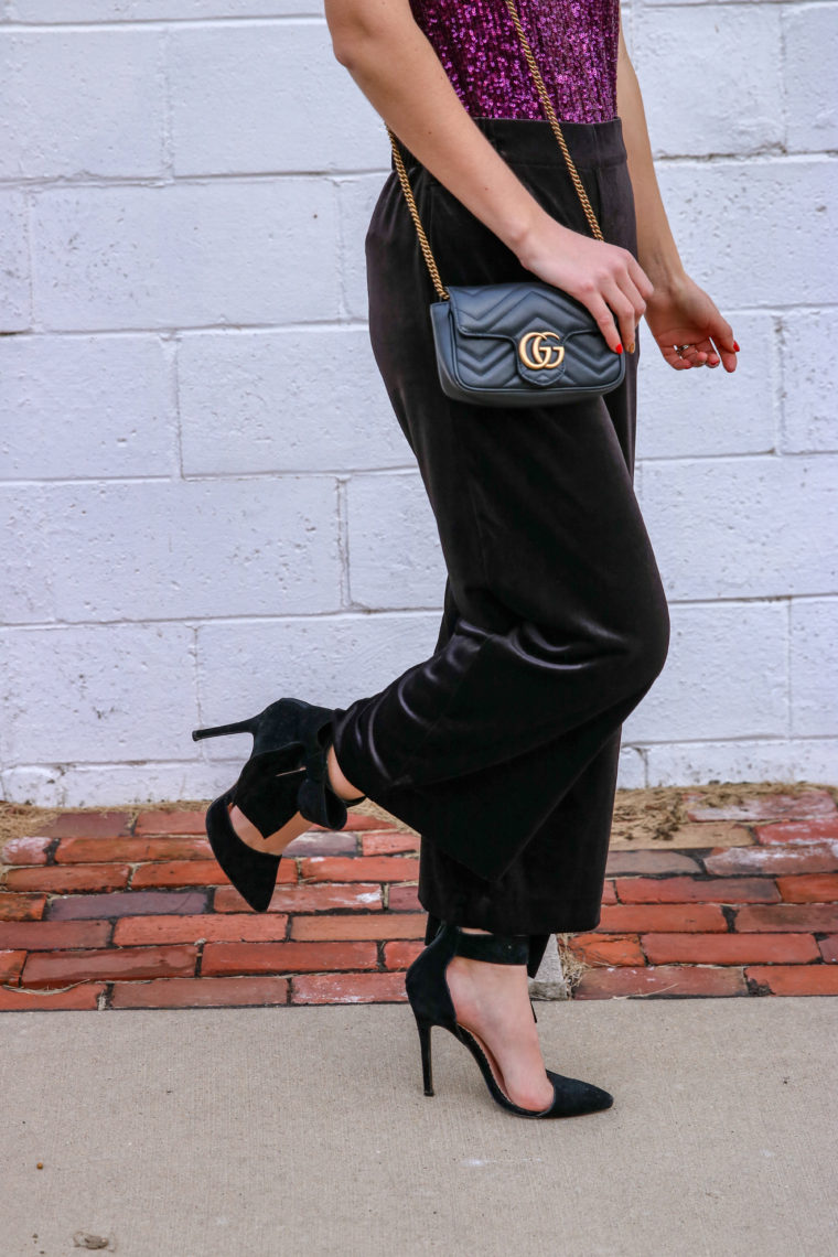 wide leg pants, Gucci bag, bow heels