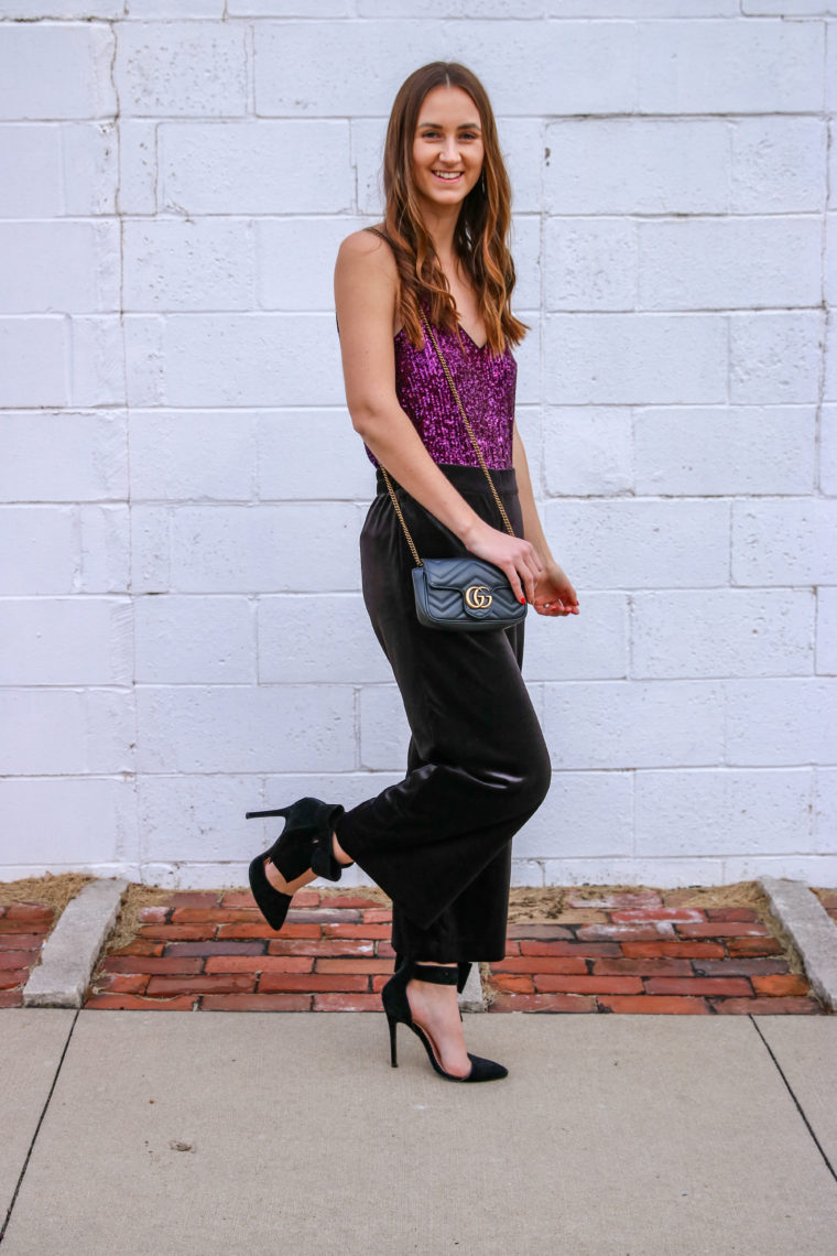 NYE outfit, velvet pants, bow heels