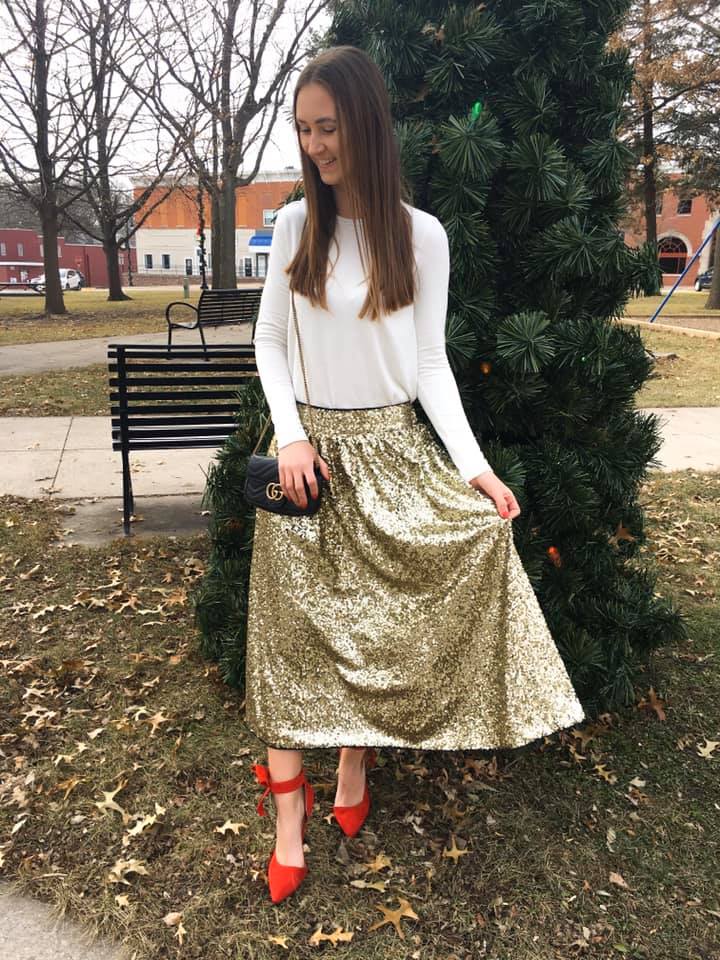 gold skirt, holiday outfit, bow heels