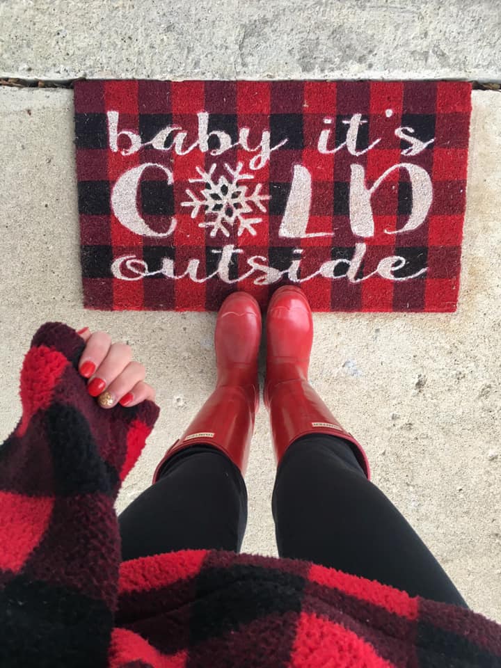 holiday door mat, red Hunter boots, buffalo plaid pullover