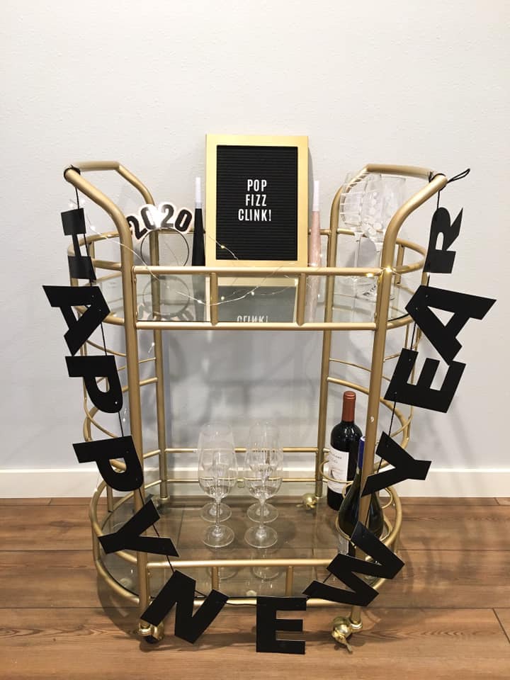 gold bar cart, letter board, NYE 