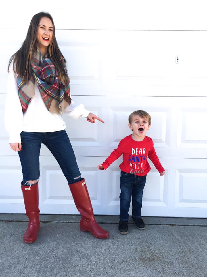 red Hunter boots, plaid blanket scarf