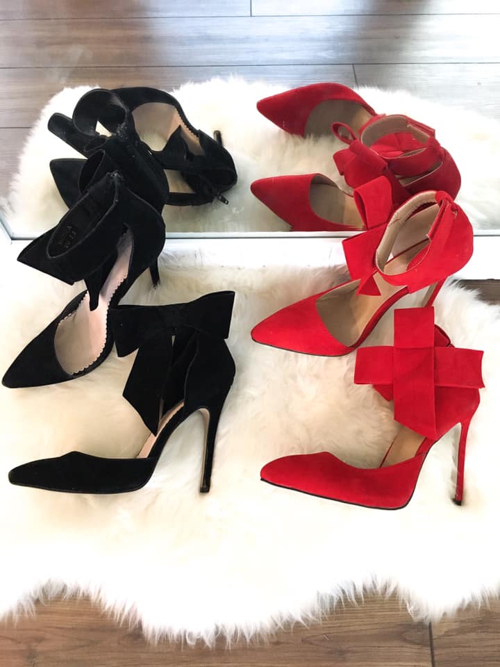 black bow heels, red bow heels, holiday shoes