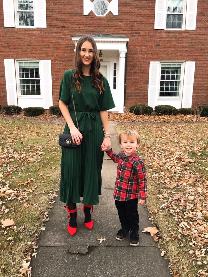 Christmas Eve outfits, bow heels, pleated dress