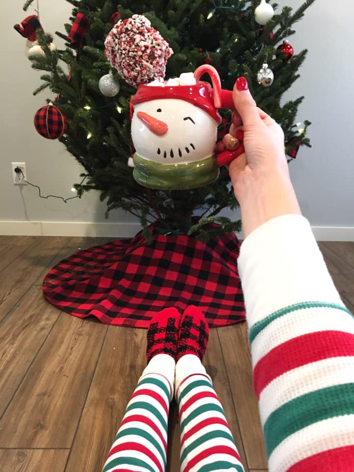 striped pajamas, snowman mug, buffalo plaid