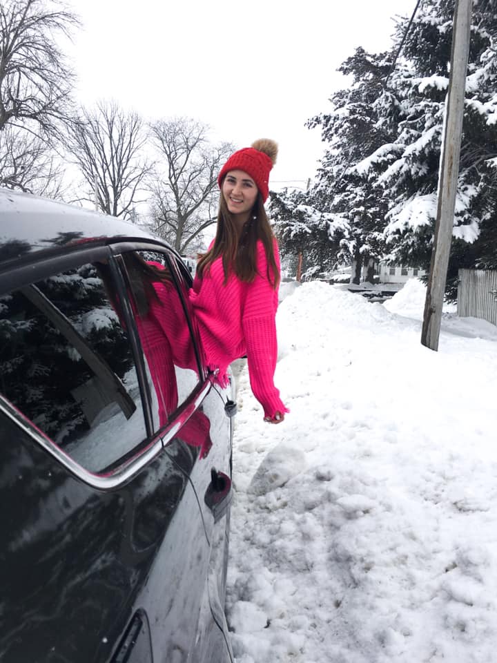 hot pink sweater, Valentine's Day sweater, pom pom beanie